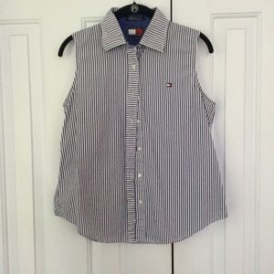 Blue & white striped Tommy H. sleeveless blouse